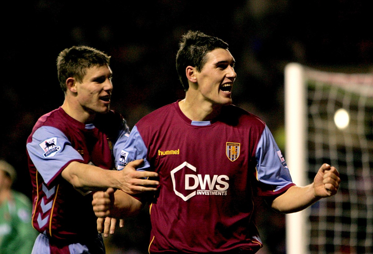 Aston Villa’s Gareth Barry, right, celebrates with James Milner after scoring against Sunderland in 2005