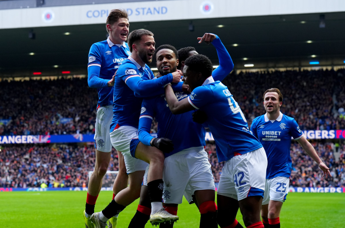 Rangers’ Youssef Chermiti (front centre) celebrates