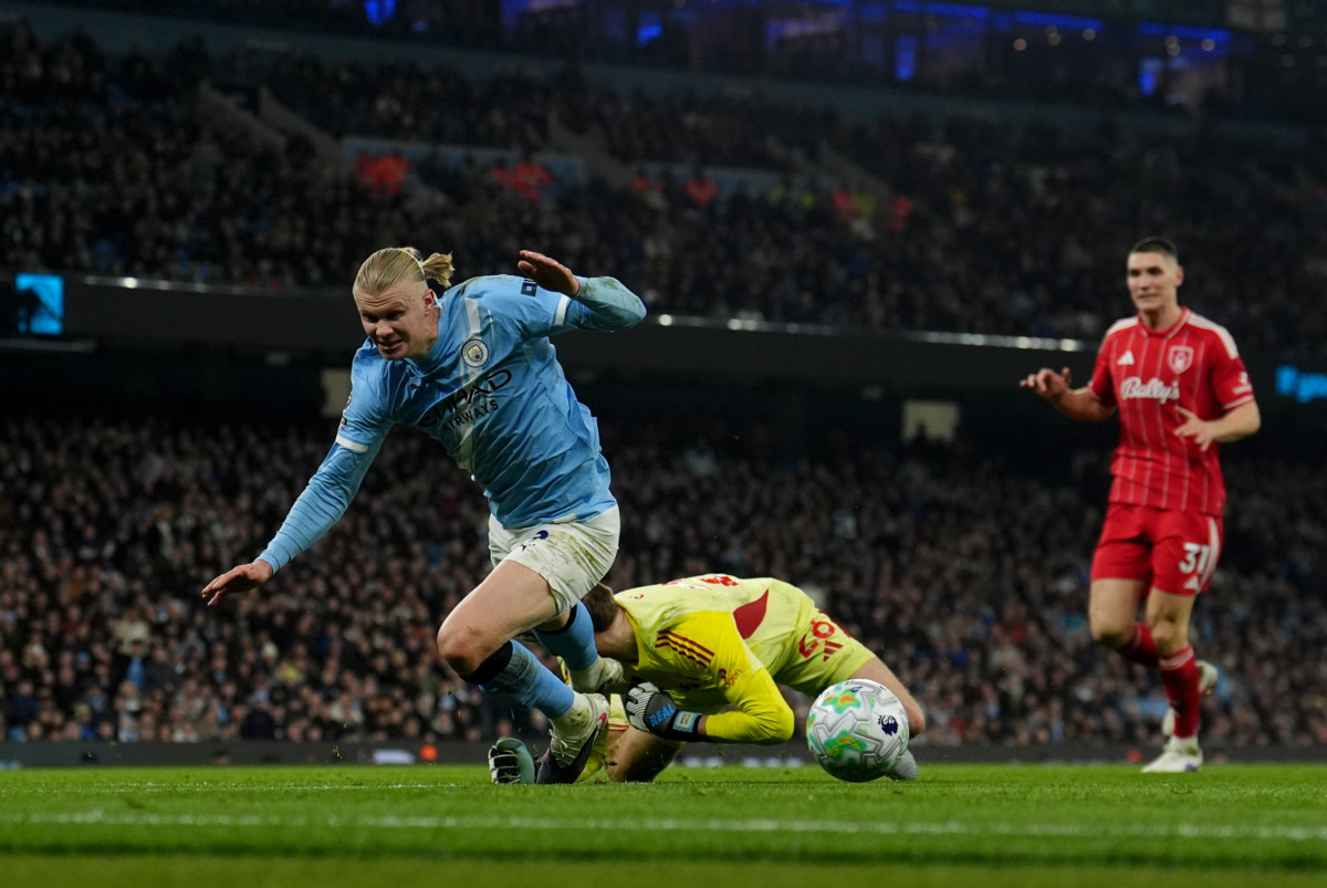Manchester City’s Erling Haaland goes down in the box during the draw against Nottingham Forest